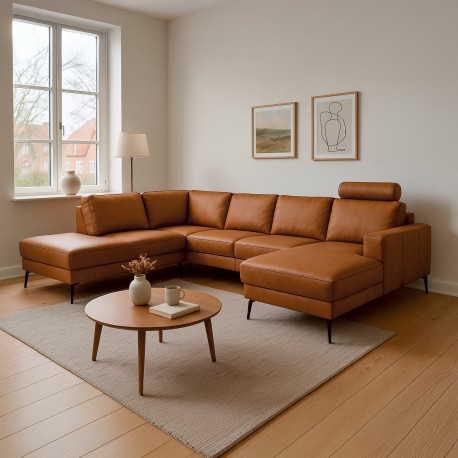 Esbjerg Læderhjørnesofa med chaiselong Cognac - Højrevendt