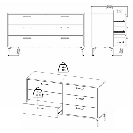 Dana dobbeltkommode med 6 skuffer - mat sort, 138 x 39 x 76,6 cm