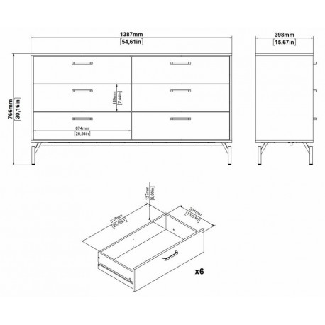 Dana dobbeltkommode med 6 skuffer - mat sort, 138 x 39 x 76,6 cm