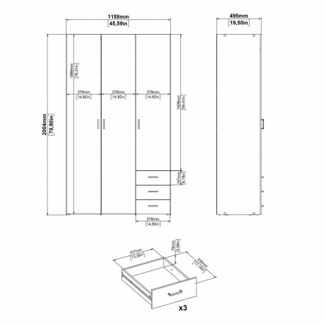 Bolmen garderobeskab 115 cm 3 låger - Eg