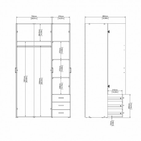 Bolmen garderobeskab 115 cm 3 låger - Eg