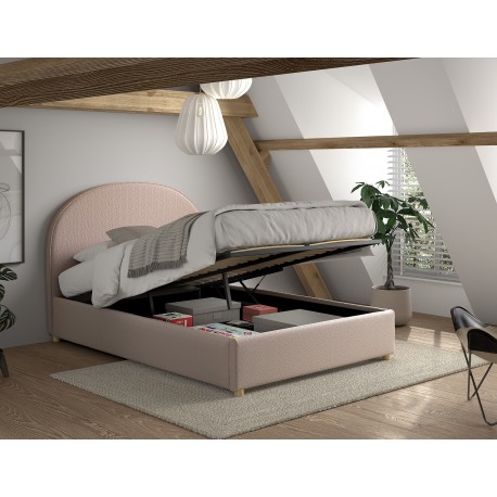 Seng med opbevaring 140 x 200 – Moon, lyserød bouclé
