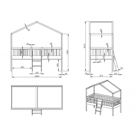 Halvhøj juniorseng med hustag 90 x 200 – Dallas, hvid