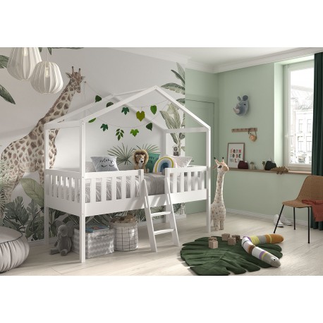 Halvhøj juniorseng med hustag 90 x 200 – Dallas, hvid