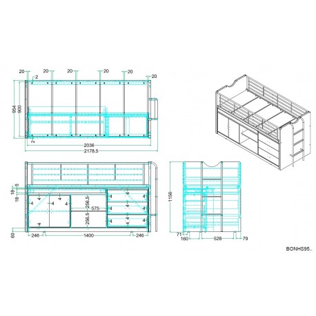 Halvhøj seng 90x200 med skrivebord – Bonny, grå