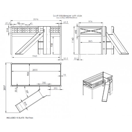 Halvhøj seng med rutsjebane 90 x 200 – Scott, hvid