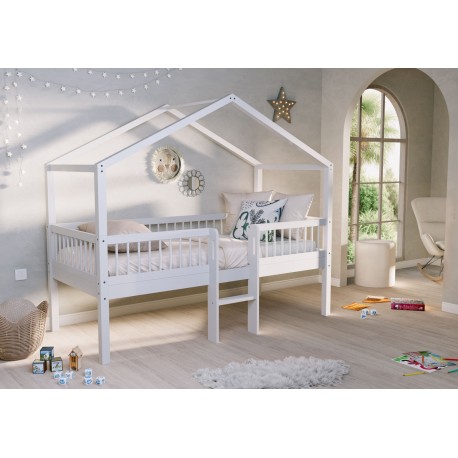 Halvhøj husseng med stige 90 × 200 cm – Forrest Bøg, hvid