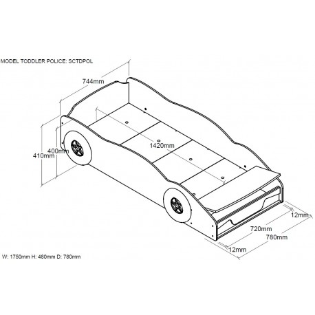 Børneseng bil 70 x 140 cm – blå politibil, MDF med lamelbund