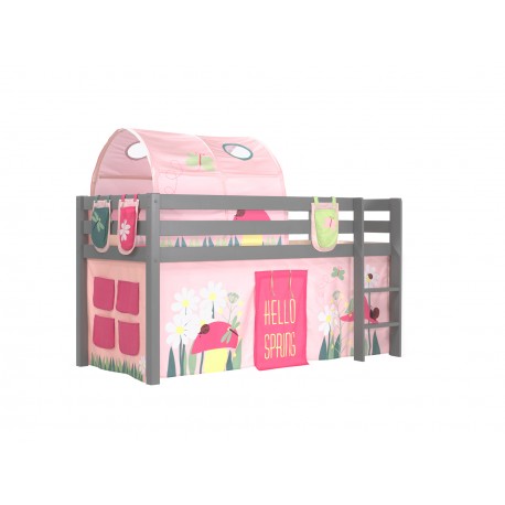 Halvhøj seng til børn PINO – grå med Spring gardin, tunnel og lommer