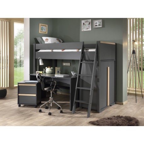 Køjeseng med skrivebord og skab – London sæt 90 × 200 cm, antracit