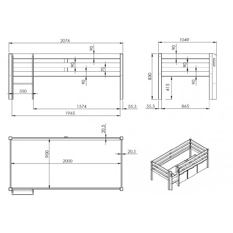 Halvhøj seng med skuffer – Pino, grå