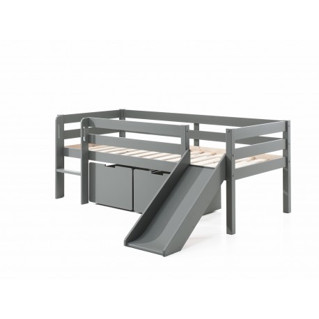 Halvhøj børneseng med rutsjebane og 2 skuffer – Pino, grå