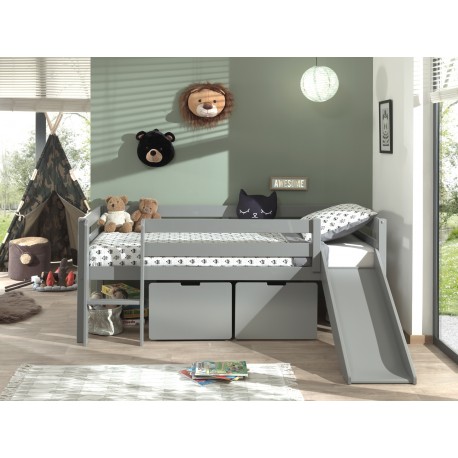 Halvhøj børneseng med rutsjebane og 2 skuffer – Pino, grå
