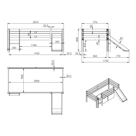 Halvhøj børneseng med rutsjebane og 2 skuffer – Pino, grå