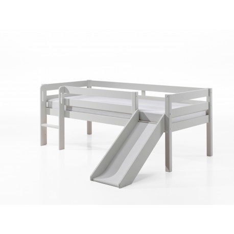 Halvhøj børneseng med rutsjebane og 2 skuffer – Pino, grå