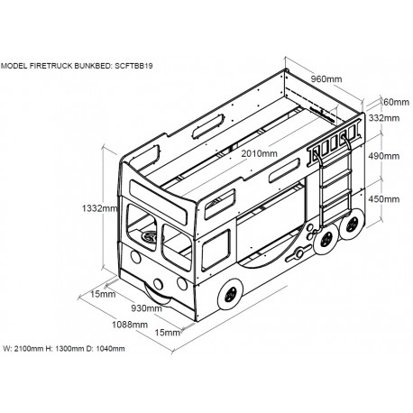 Køjeseng til børn – Brandbil i rød MDF med madrasser