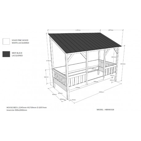 Børneseng hus – sæt 90 × 200 cm, hvid
