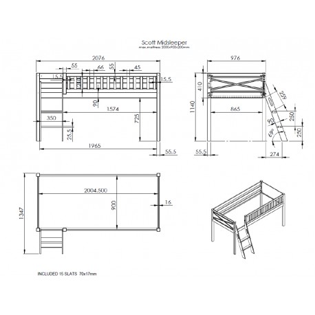 Halvhøj seng med legetæppe – Scott Sæt, hvid (90 x 200 cm)