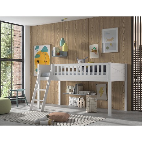 Halvhøj seng med legetæppe – Scott Sæt, hvid (90 x 200 cm)