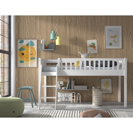 Halvhøj seng til børn 90×200 med gardin – Scott Sæt, hvid