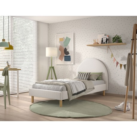 Seng med gavl 90 x 200 cm med puf – Moon, hvid bouclé