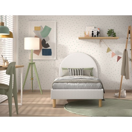 Seng med gavl 90 x 200 cm med puf – Moon, hvid bouclé