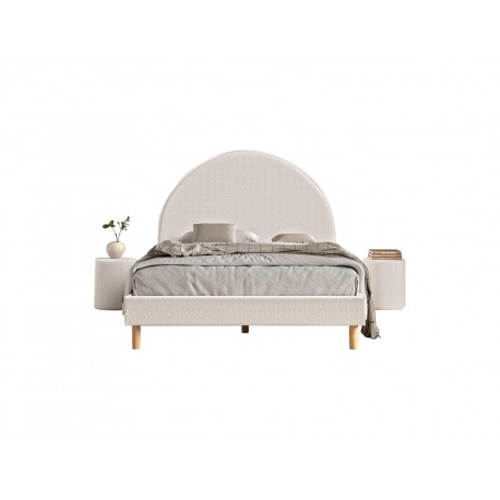 Seng med gavl 140 x 200 cm + 2 puffer – Moon, hvid bouclé