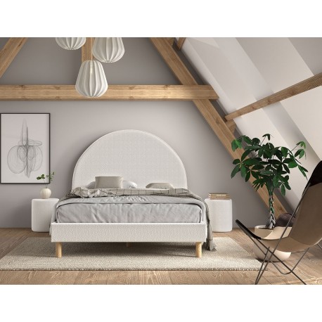 Seng med gavl 140 x 200 cm + 2 puffer – Moon, hvid bouclé