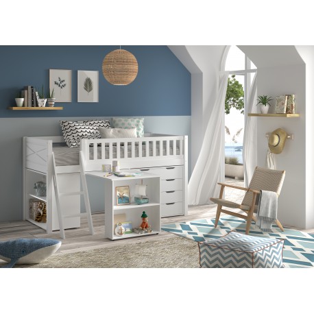 Halvhøj seng med skrivebord og opbevaring – Scott Sæt, hvid