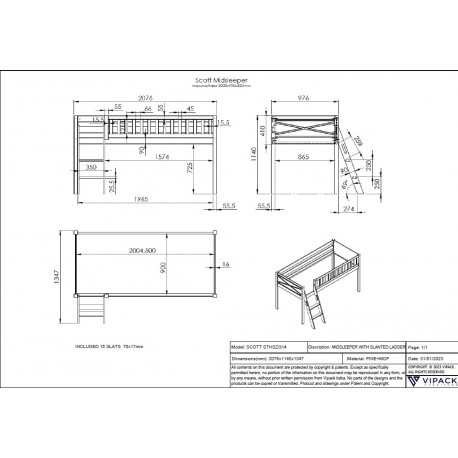 Halvhøj seng med skrivebord og opbevaring – Scott Sæt, hvid