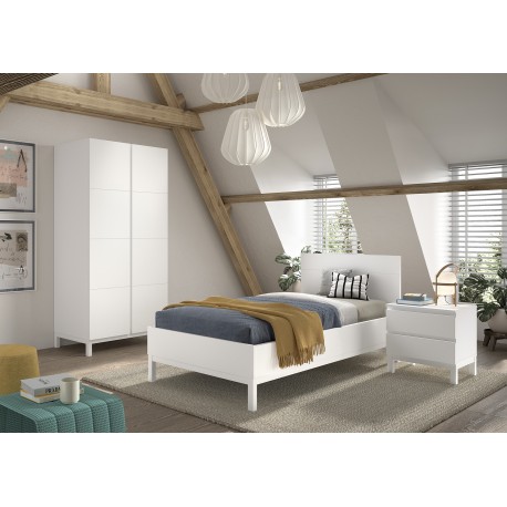 Børneværelse sæt – Eva 90 x 200 cm, hvid seng, natbord og garderobeskab