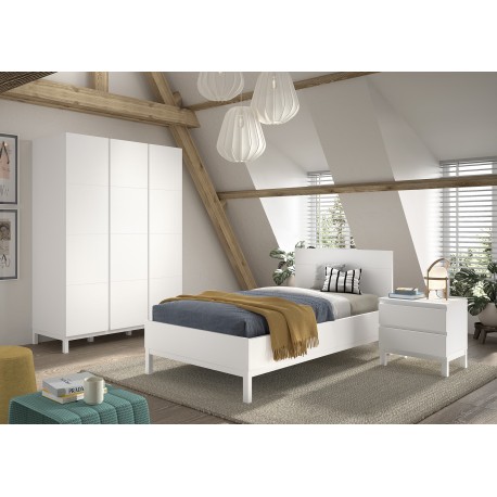 Børneværelses sæt i hvid – Eva seng 90 x 200 cm med natbord og 3-dørs garderobe