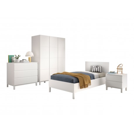 Børneværelsesæt Eva 90 x 200 cm – hvid seng, natbord, garderobeskab og kommode