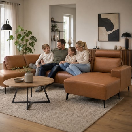 Copenhagen LæderHjørnesofa med chaiselong Cognac - Højrevendt