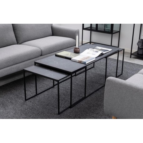 Infinity rektangulær sofabordsæt 120x60 - sort melamin med marmorprint og sort metal