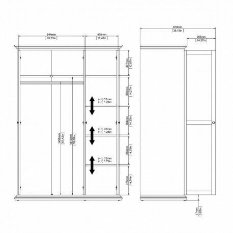Bordeaux garderobeskab 138 cm 3 låger - Hvid