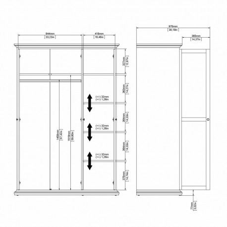 Bordeaux garderobeskab 138 cm 3 låger - Hvid