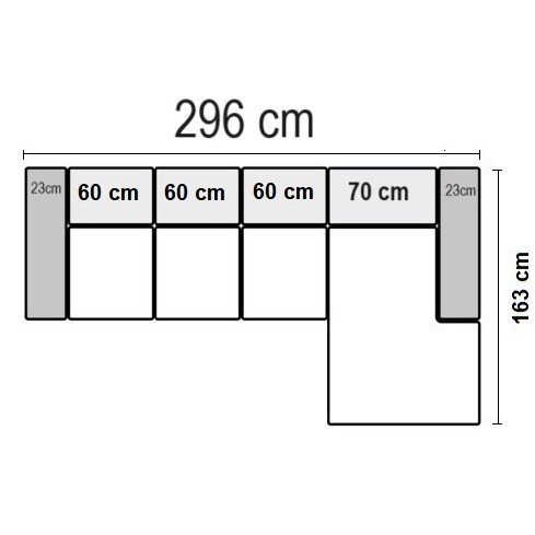 296 x 163 cm højrevendt med 3 sæder